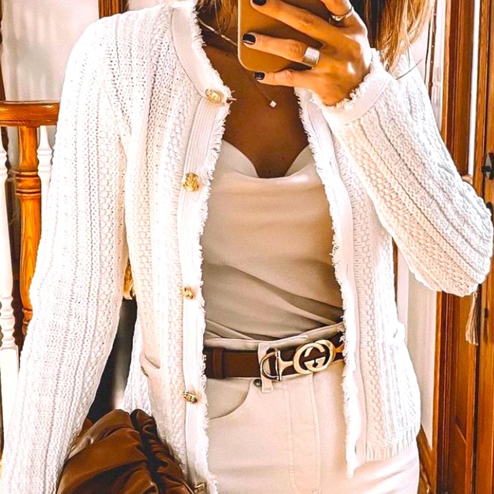 Express Button-Up Fringe Sweater Jacket